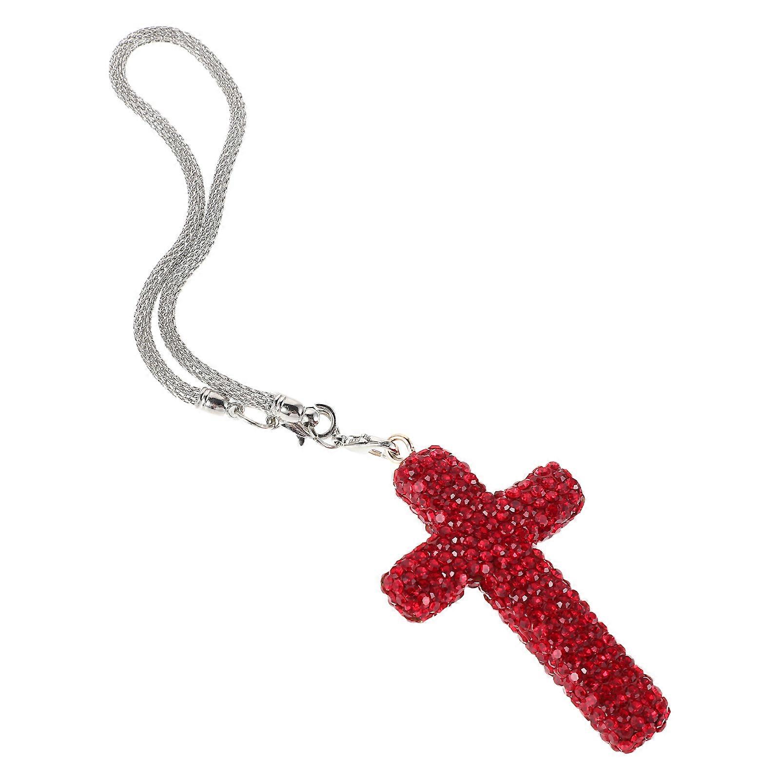 Christian Crucifix Car Accessory With Bling Cross Rhinestone Design For Car Interiors And SUVs In Red 1Pack