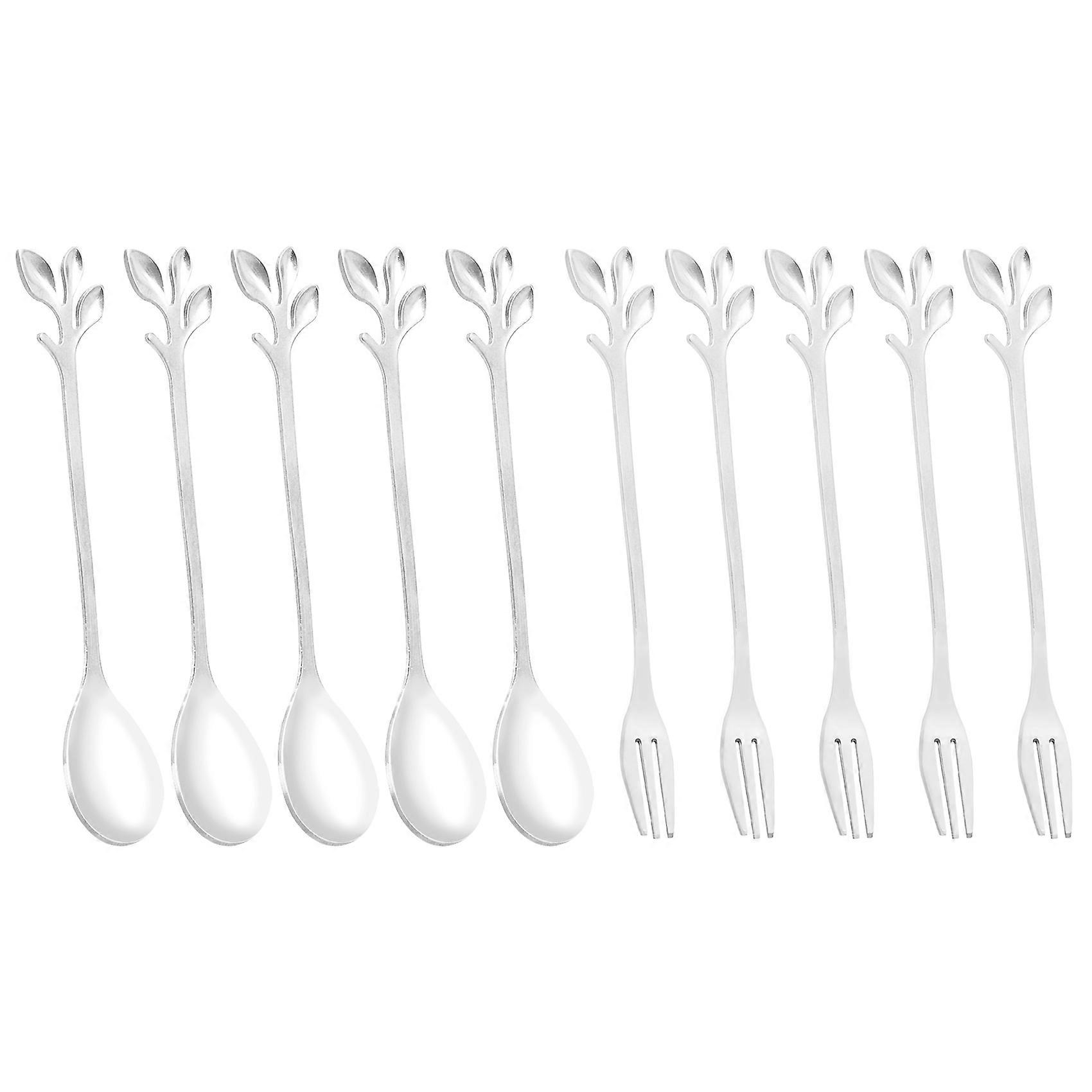 5Spoon+5Forks Stainless Steel Leaf Spoon Fork Dessert Spoons, Silver