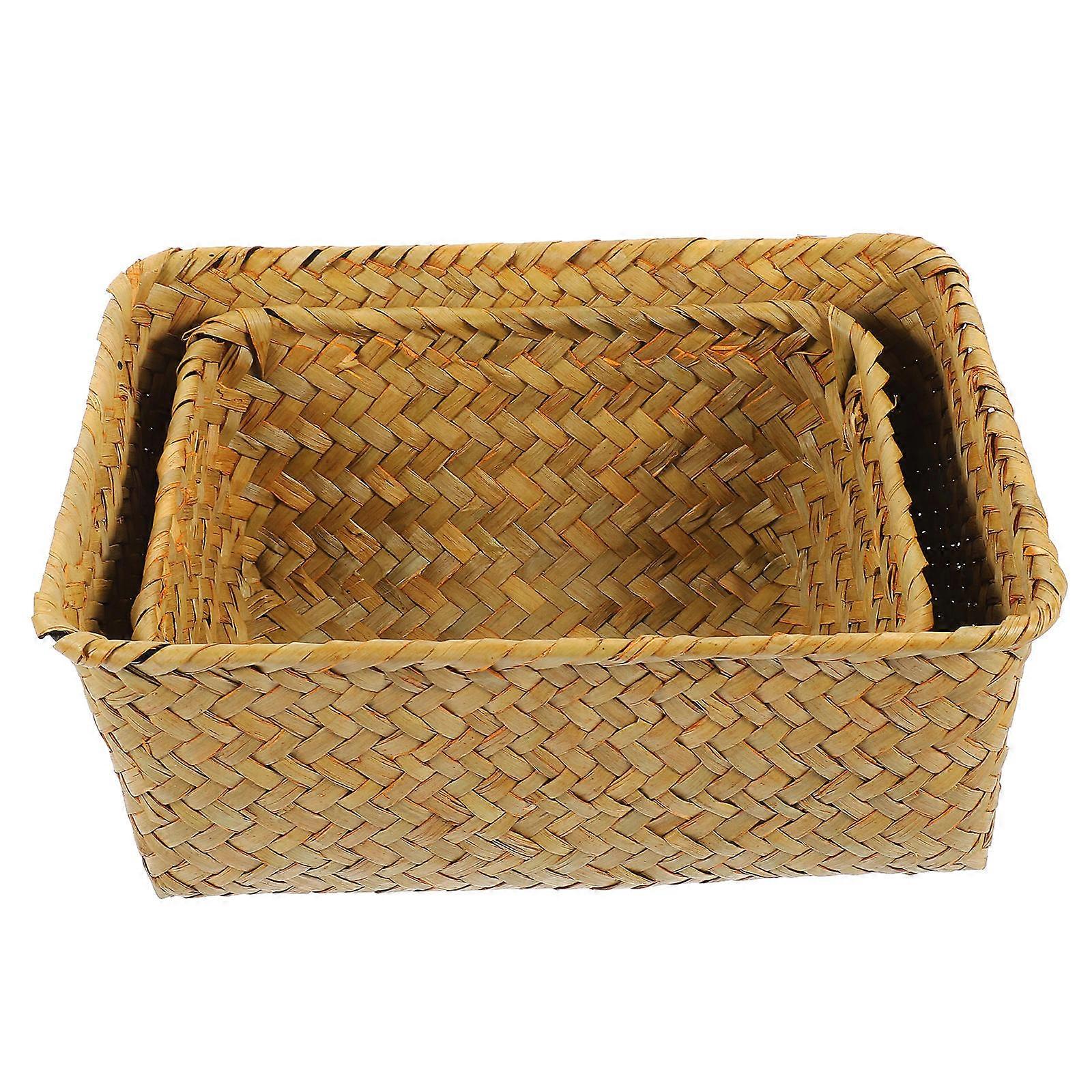Seagrass Basket Storage Box 2Pcs Portable Makeup Organizing Container Rectangular Light Brown Handmade For Home Use