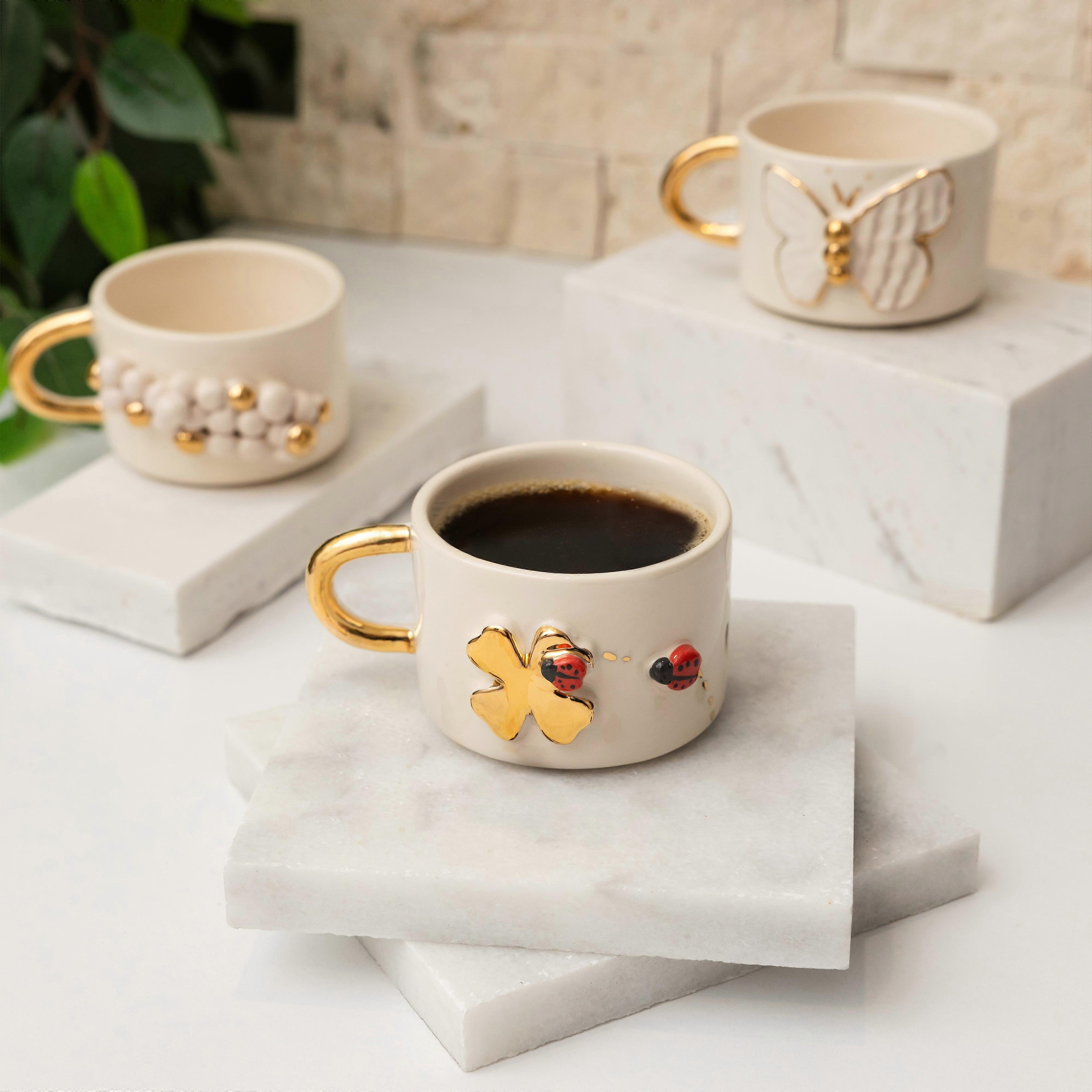 Handmade Lucky Clover & Ladybug Ceramic Mug With Gold-plated Handle