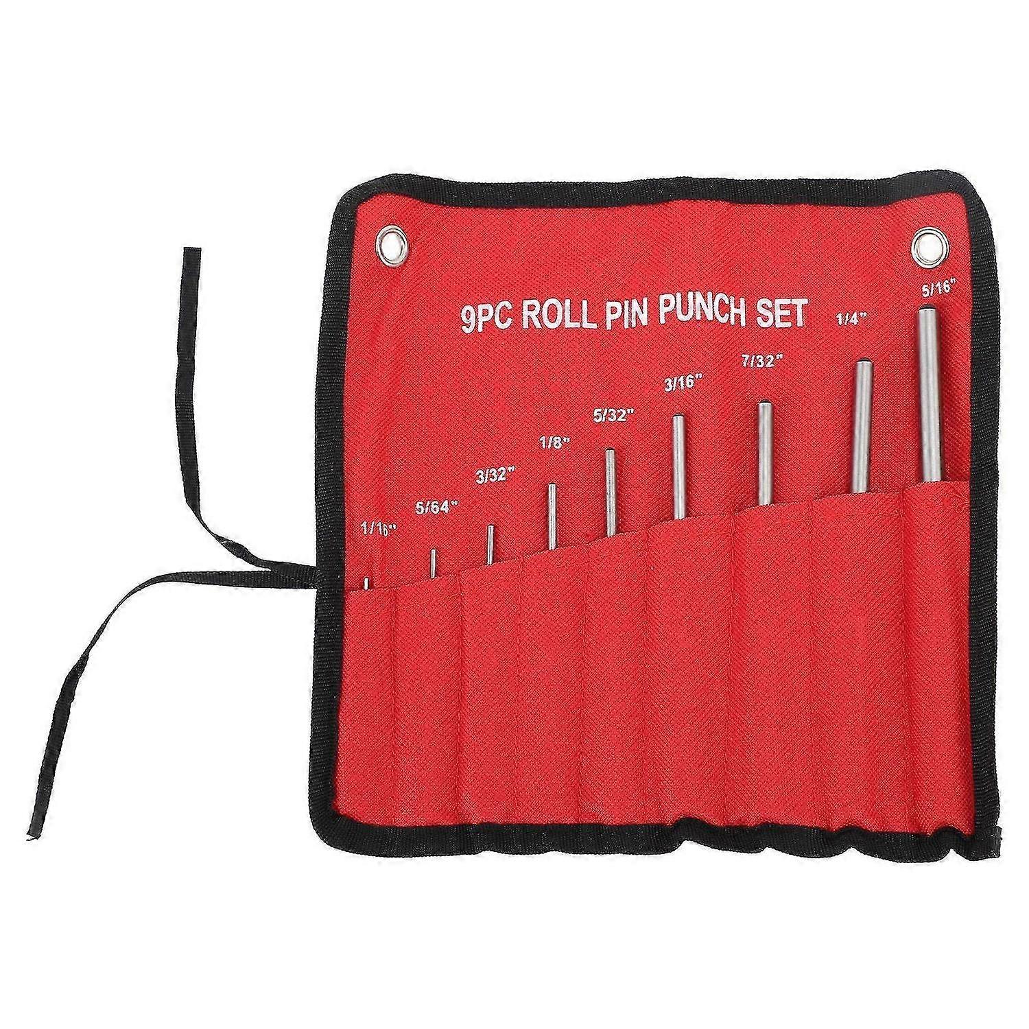 9pcs Roll Pin Punch Set Hardened Steel Removing Pin Punch Tool with Red Storage Pouch For Watch Repa