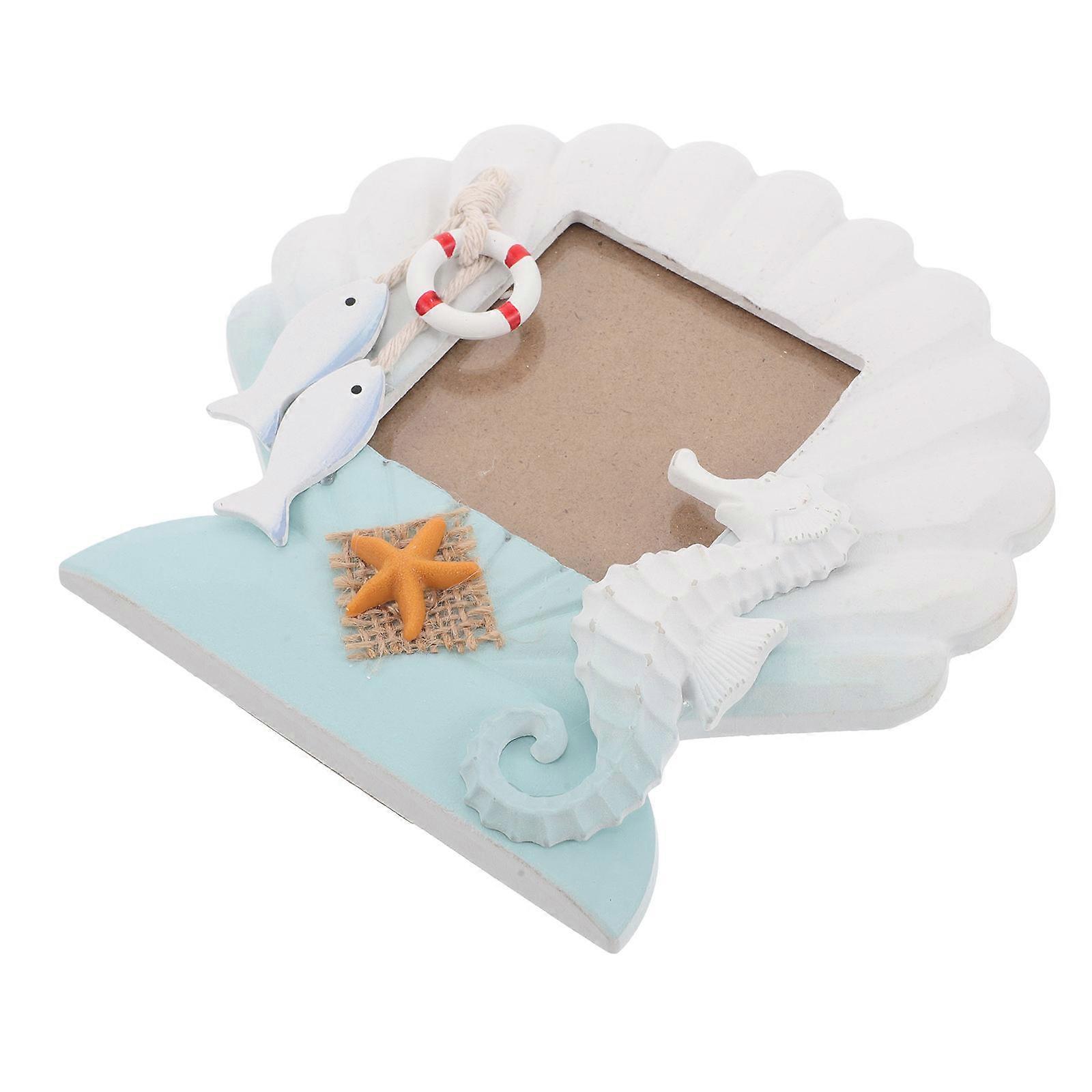 Mediterranean Style Shell Shaped Photo Frame Beach Themed Decor for -Blue 1Set