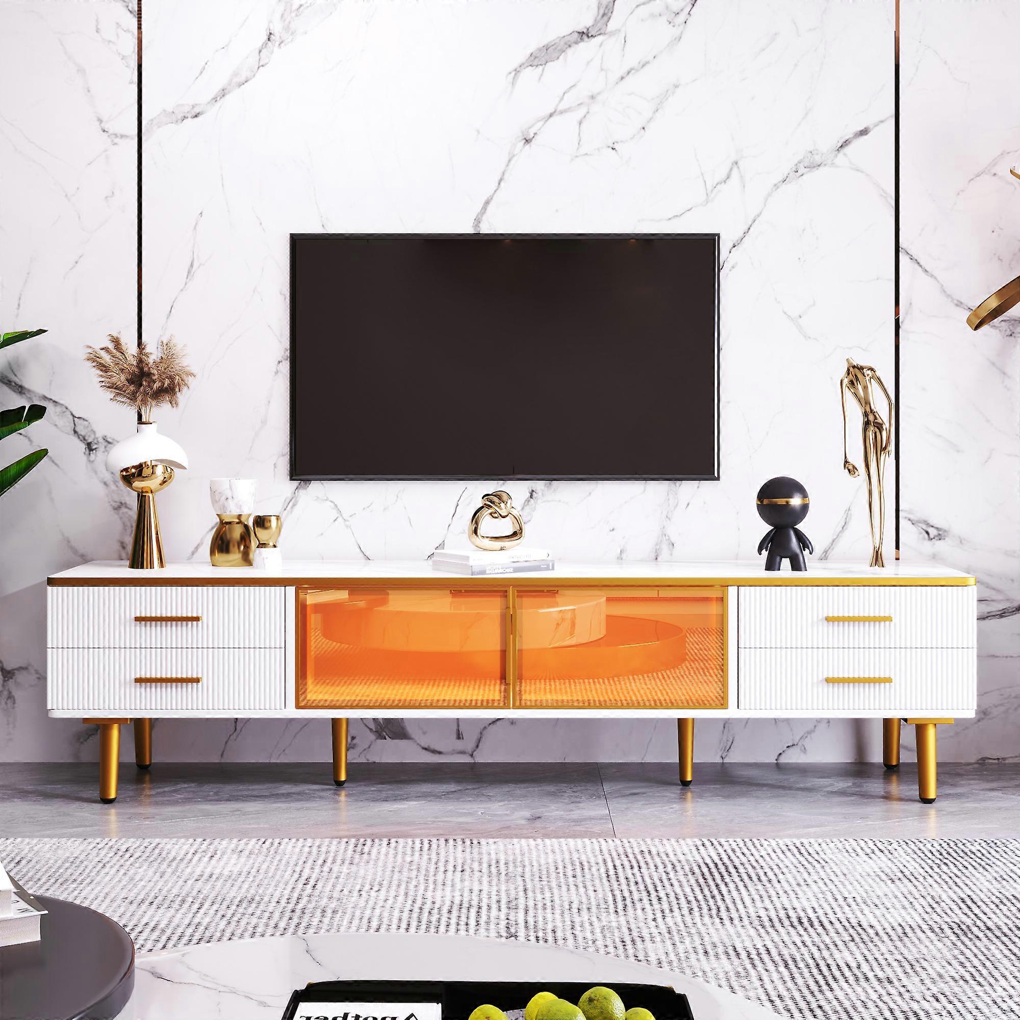 Modular TV Stand Glass Door Marble Top Drawers Wave Pattern Gold Handles