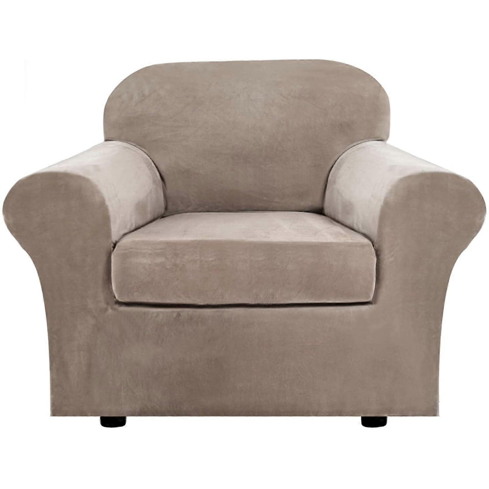 Stretch Velvet Sofa Cover Set for 1 Seater Couch with Separate Cushion, Non‑Slip Washable Taupe Slipcover