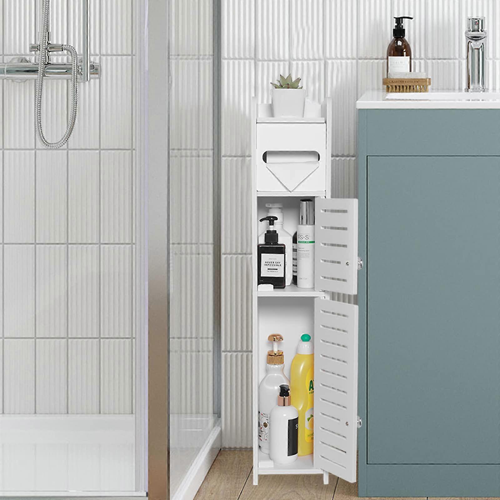 Storage Cabinet Over The Toilet For Small Spaces Slim White Paper Cabinet Corner Floor With 2 Doors And Shelves