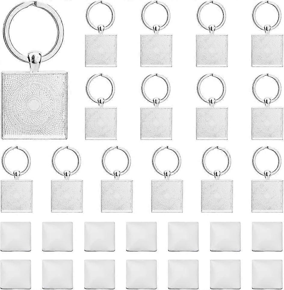 15 Sets Keychain Pendant Tray Platinum Alloy Cabochon Keychain Blanks Square Glass Cabochons and Pendant Trays