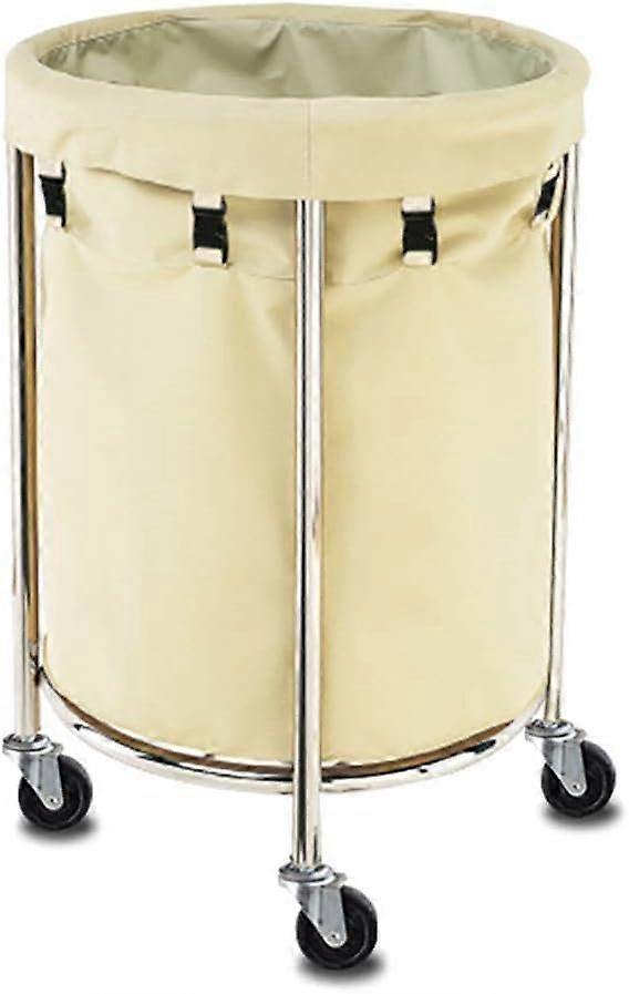 Rolling Laundry Trolley with Beige Round Linen Basket for Sheets, Pillows and Quilts