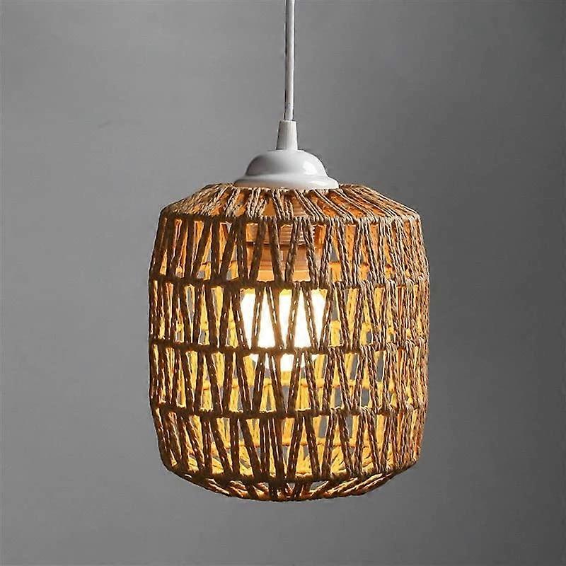 Rattan Pendant Light with Handmade Woven Lampshade, Vintage Rustic Hemp Rope Chandelier Shade