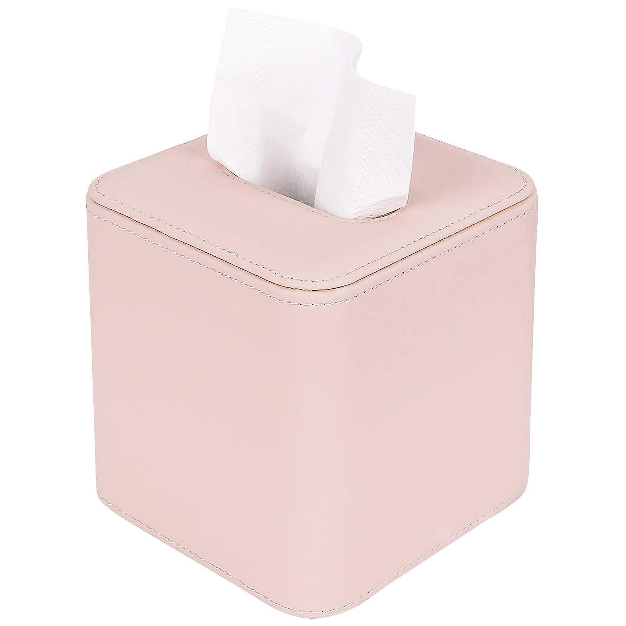 PU Leather Tissue Box Cover with Magnetic Bottom, Square Cube Holder for Home or Office (Cream Pink)