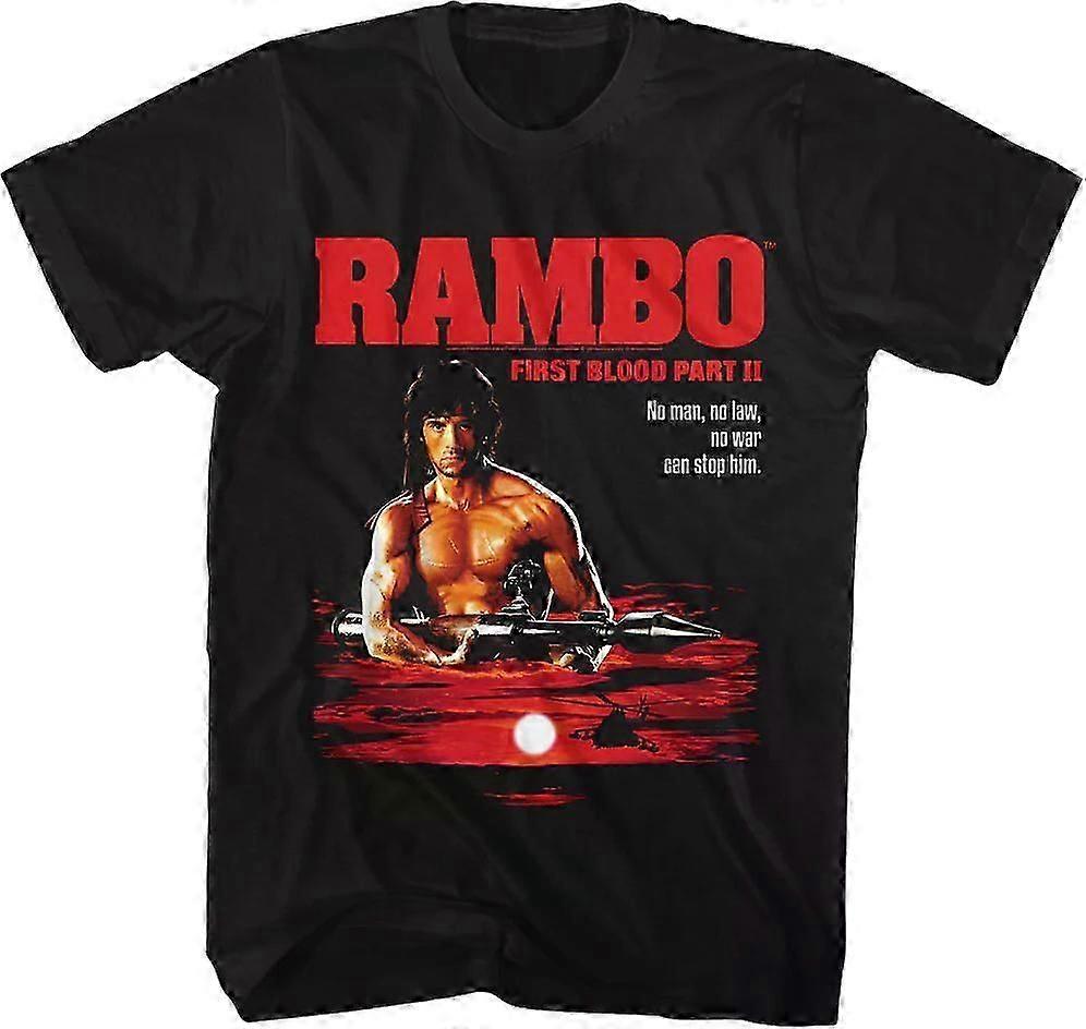 Affiche Rambo « First Blood Part II » style rétro, t-shirt et slogan vague.
