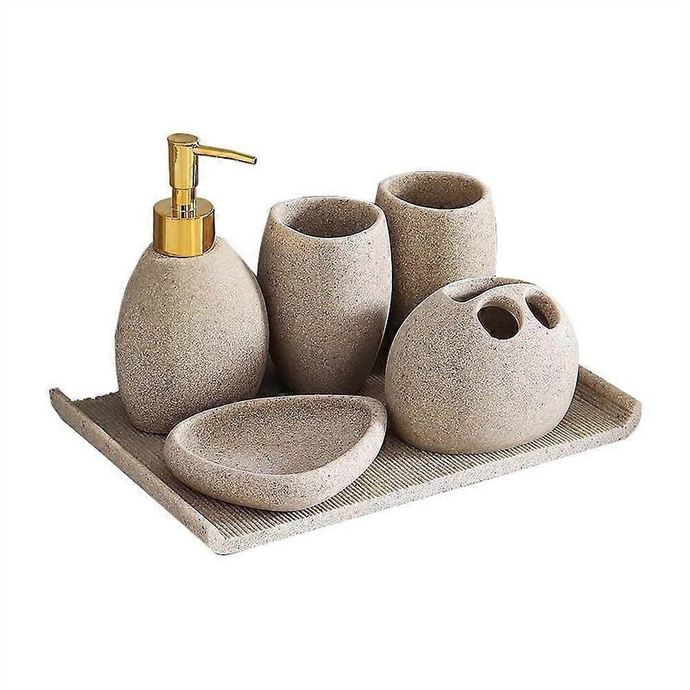 Natural Sandstone Bathroom Soap Dispenser Set with Rustic Hand Sanitizer Bottles and Tray