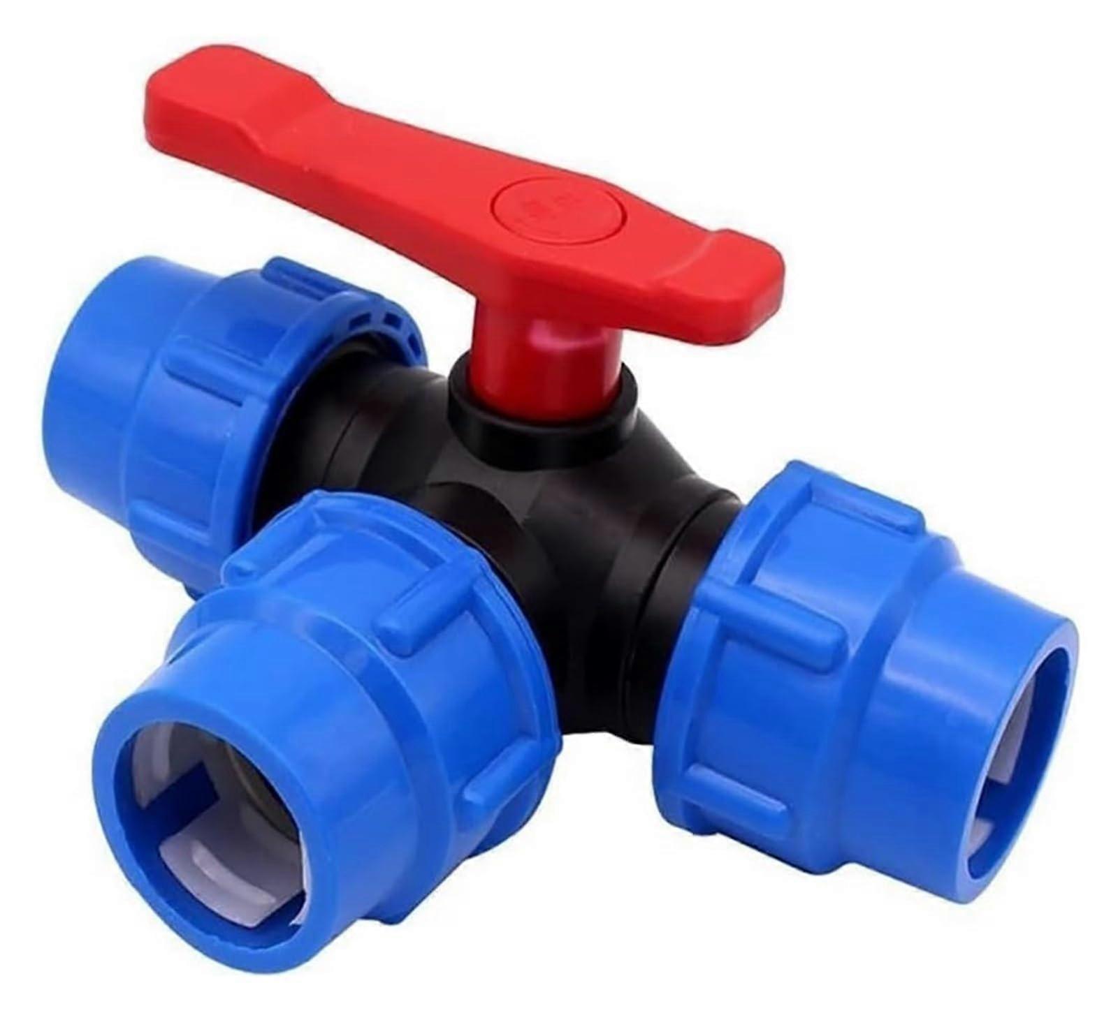 40mm Three Way Plastic Ball Valve for PE Pipe Compression Fitting, Durable Irrigation Connector