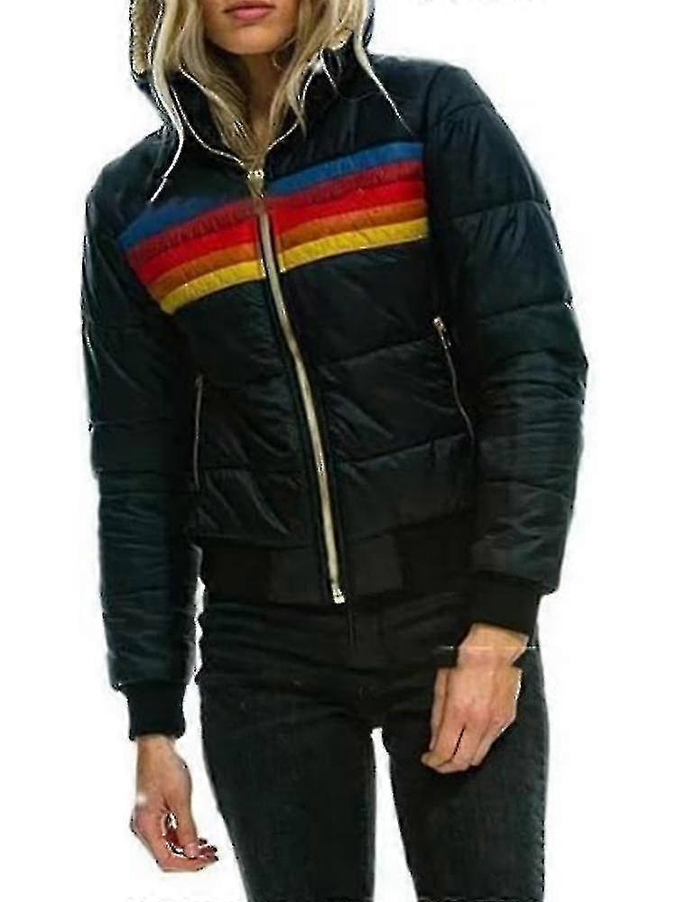 Casaco puffer com zíper, compatível com mulheres, com listras do arco-íris e capuz.