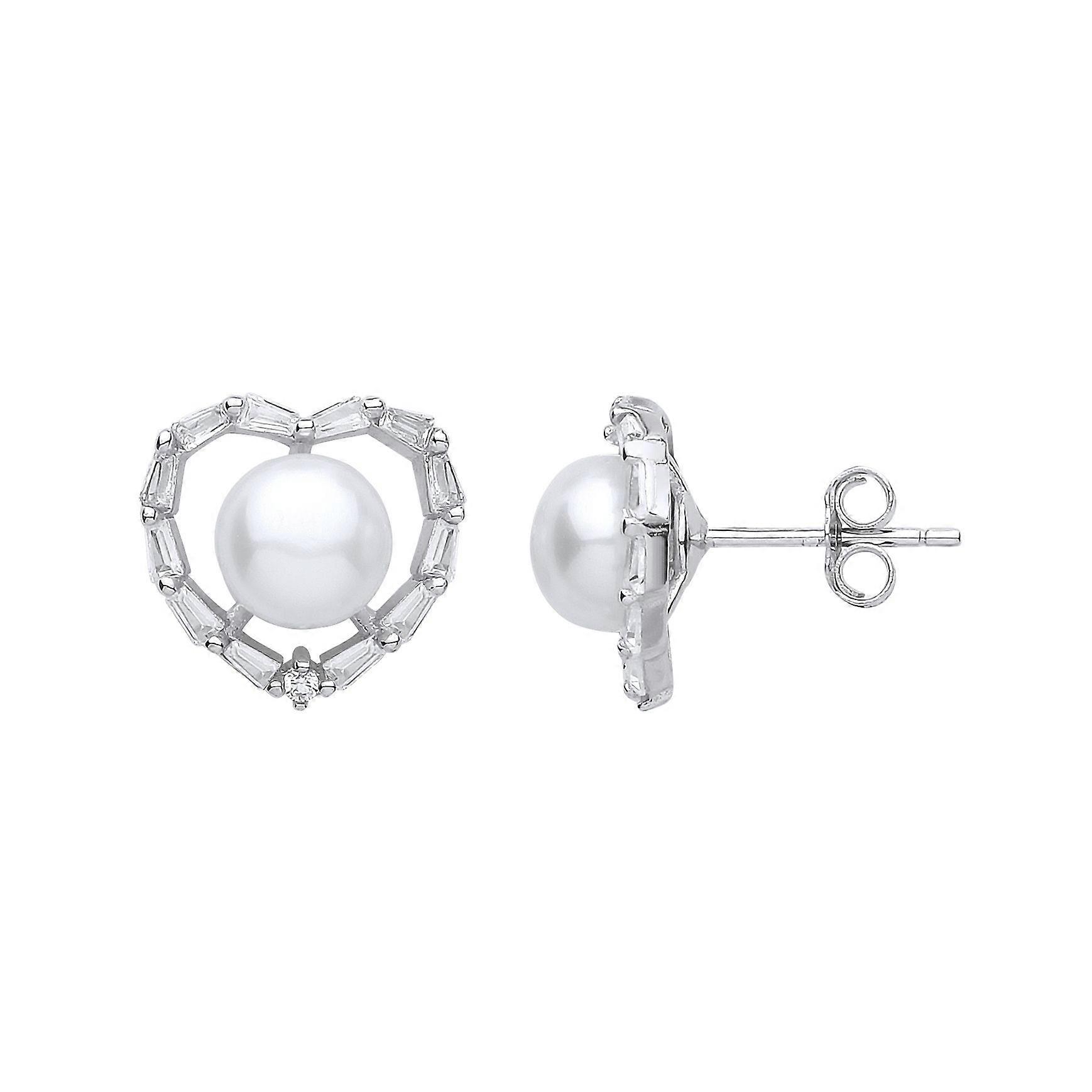 Jewelco London Ladies Sterling Silver Baguette Cubic Zirconia & Freshwater Cultured Pearl Full Moon Love Heart Stud Earrings 7mm