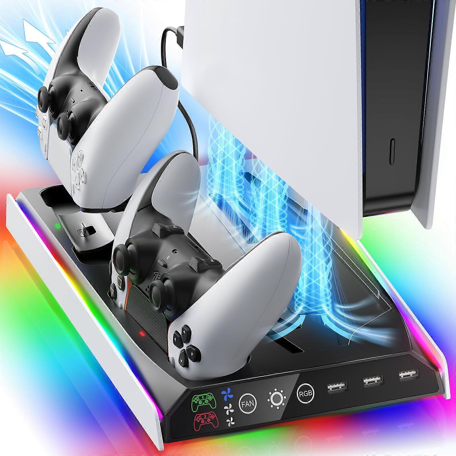 Cooling Stand with Dual Controller Charging Dock, Adjustable Fan and RGB Lighting for PS5 Slim Pro