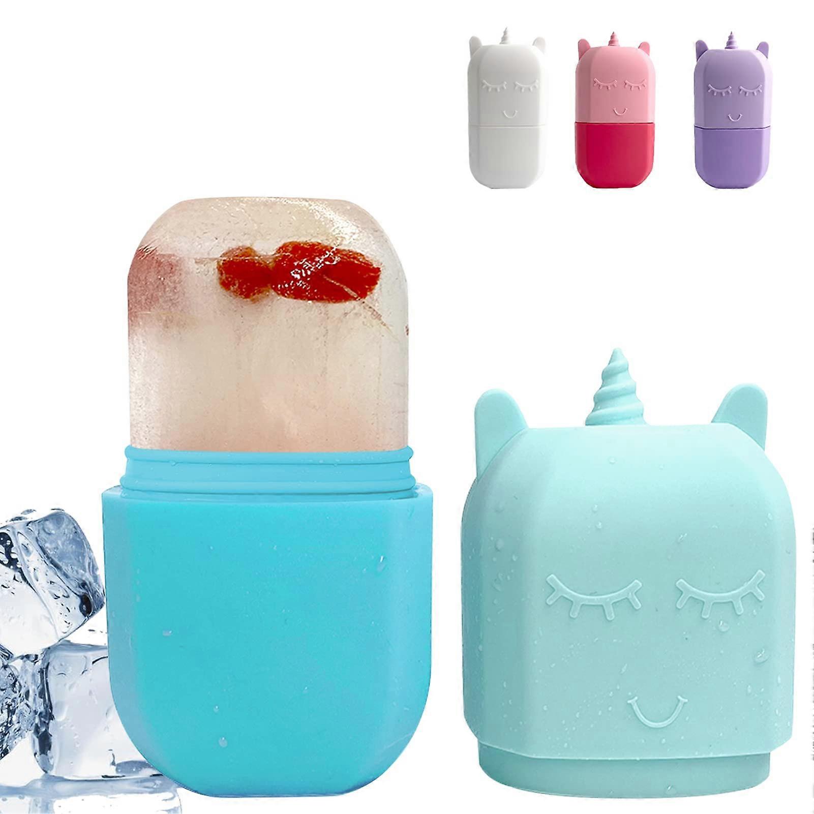 Face Ice Roller with Reusable Silicone Mold for Skincare, Compact Cooling Cube Holder (Blue)