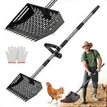 Adjustable Long Handle Chicken Poop Scooper and Rake, Stainless Steel Chicken Coop Cleaning Tool for Small Farm Animals