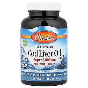 Carlson Labs, Norueguês Selvagem, Gemas de Óleo de Fígado de Bacalhau, Super, 1.000 mg, 100 Géis Moles
