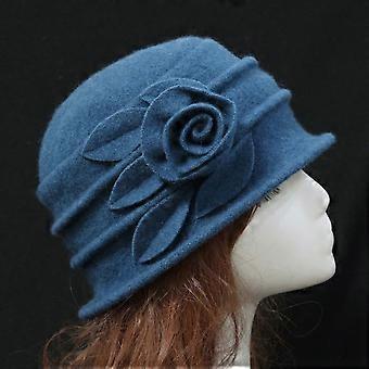 Dame bowlerhat i uld med blomsterdekoration, blød og varm vinterhue, 57 cm omkreds