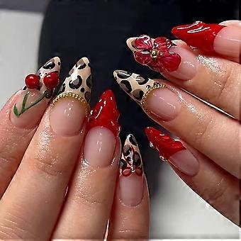 Almond Press on Nails Medium Red Leopard French Tip Fake with 3D Flower Cherry Design Full Cover Glossy Stick False for Women 24 Pcs