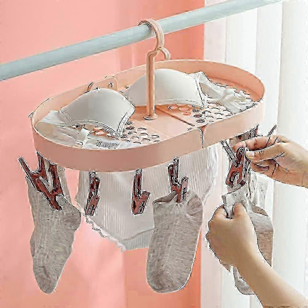 Foldable Sock Drying Rack with 14 Clips, Rotating Hook Laundry Drying Hanger(pink) SZRH A-S