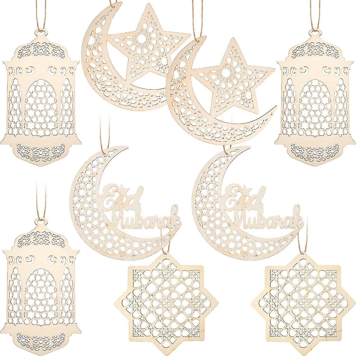 9Pcs Wooden Pendant Ornament Ramadan Hollow Decoration Moon Star Wind Light Shape Pendant Ornament