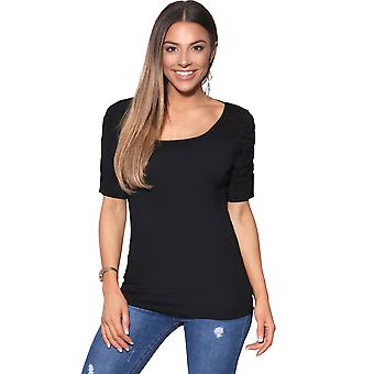KRISP mujeres señoras Ruched Top plisado manga corta cuello estiramiento Jersey