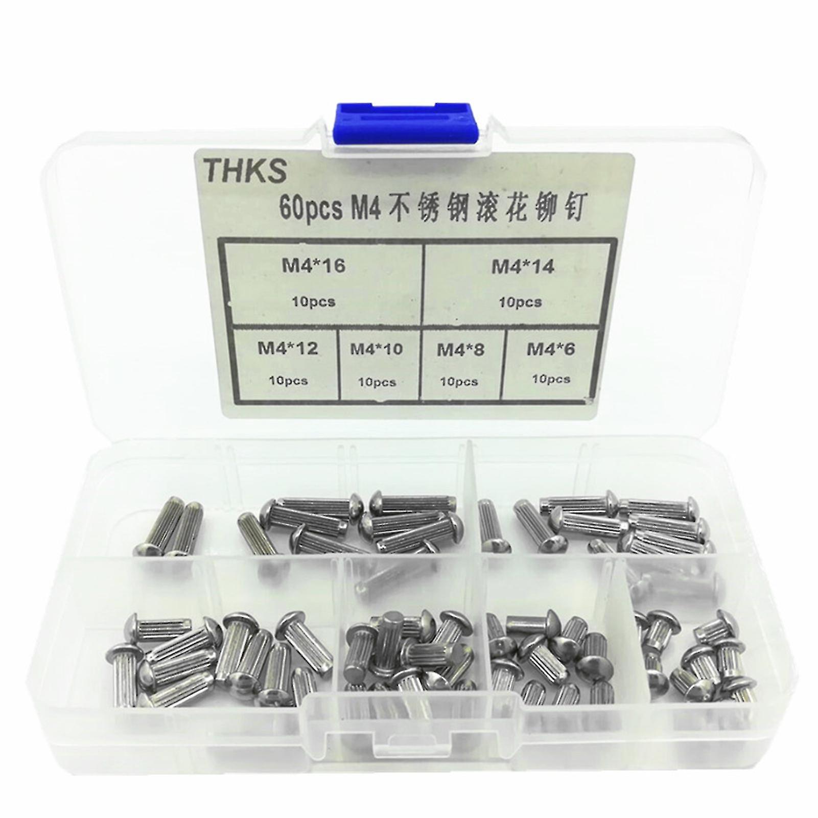 60pcs M4 Knurled Rivets Different Sizes Solid 304 Stainless Steel Assorted Round Head Rivets For Fastening