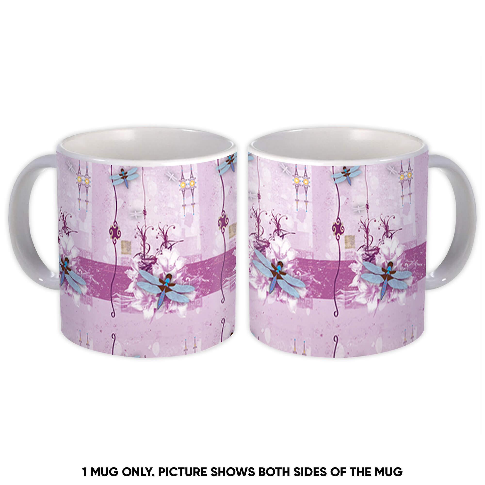 Presentmugg: Dragonfly Butterfly Flowers Seamless