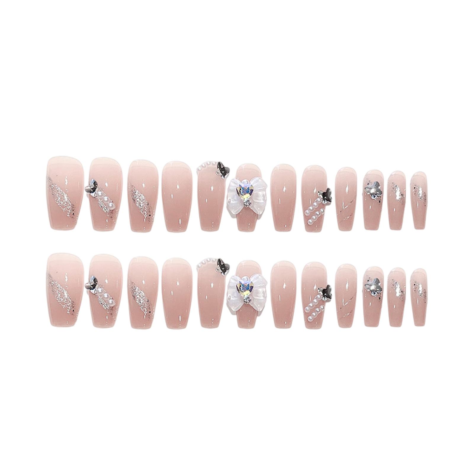 Pearl Bow Setting Pink Long Ballet Fake Nails Charming Com