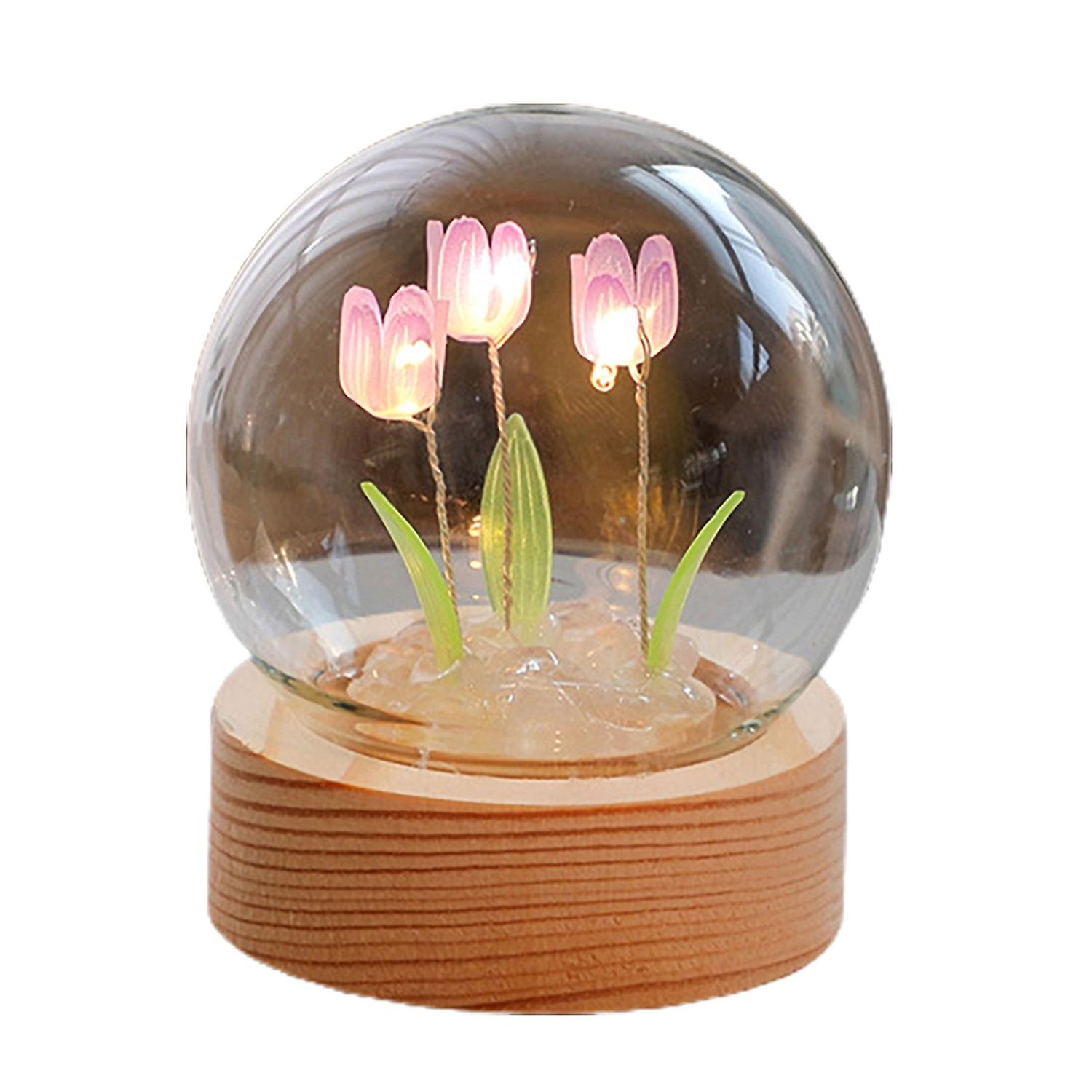 1 Set Tulip Night Light Soft Lighting Wooden Base Realistic Battery-operated Easy Installation Decor