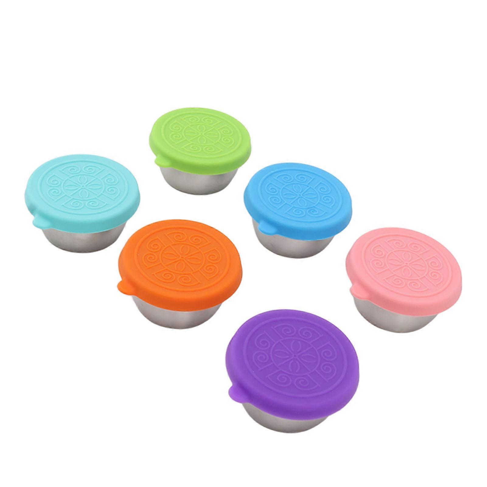 Salad Dressing Container 6Pcs Stainless Steel Condiment Containers Leakproof Food Storage Pots with Silicone Lids for Snacks Desserts Sauce, 50ml