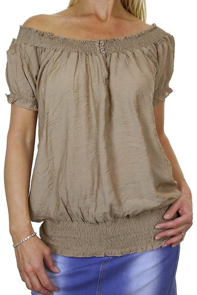 Women's Summer Stretch Off Shoulder Top Ladies Shirred Short Sleeve Elasticated Loose Boho Casual Everyday Beach Tunic Top Beige 8-12