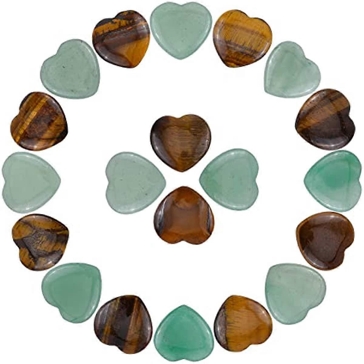20Pcs 2 Styles 20mm Natural Stone Heart Healing Crystal Stones Set Palm Thumb Gemstones Green Aventurine and Tiger Eye Quartz Chakra Stone