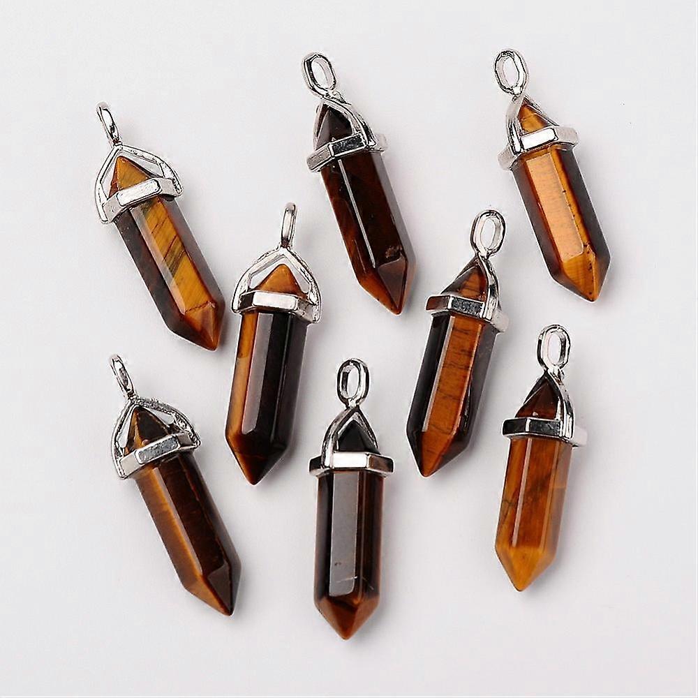 15pc Natural Tiger Eye Double Terminated Pointed Pendants with Random Brass Pendant Hexagon Bead Cap Bails Bullet Platinum 37~40x12mm Hole: 3mm