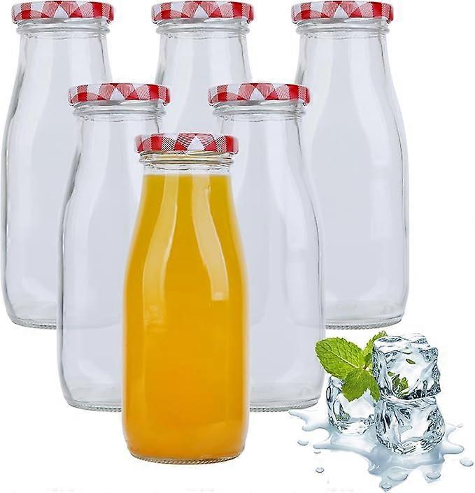 6pcs 250ml Glass Milk Bottles, Small Milk Bottles with Pretty Red Checkered Lids, Reusable Empty Glass Bottles, Juice Bottles, Jam Jars for Decoration