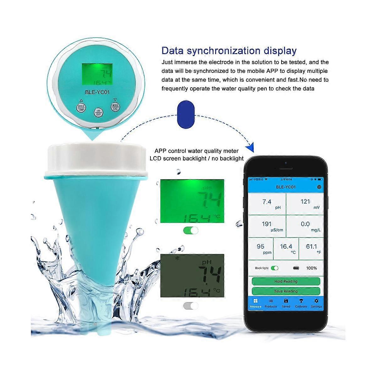 6 In1 Water Quality Detector Smart Online Bluetooth Water Chlorine Meter PH Meter Powered Tool for Swimming Pool