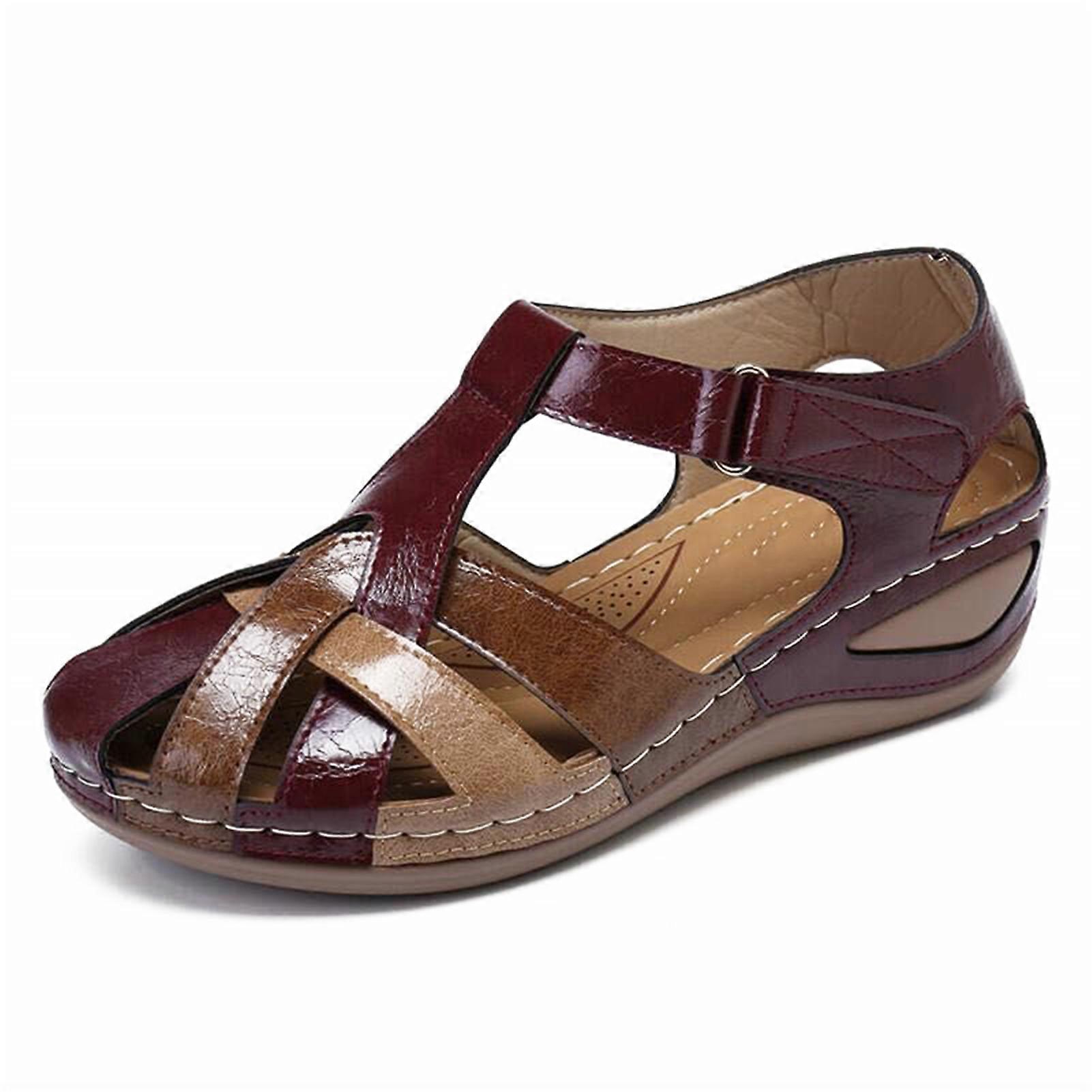 Lollita Orthopedic Plus Sandals PU Leather Retro Arch Support Comfy Round Toe Sandals