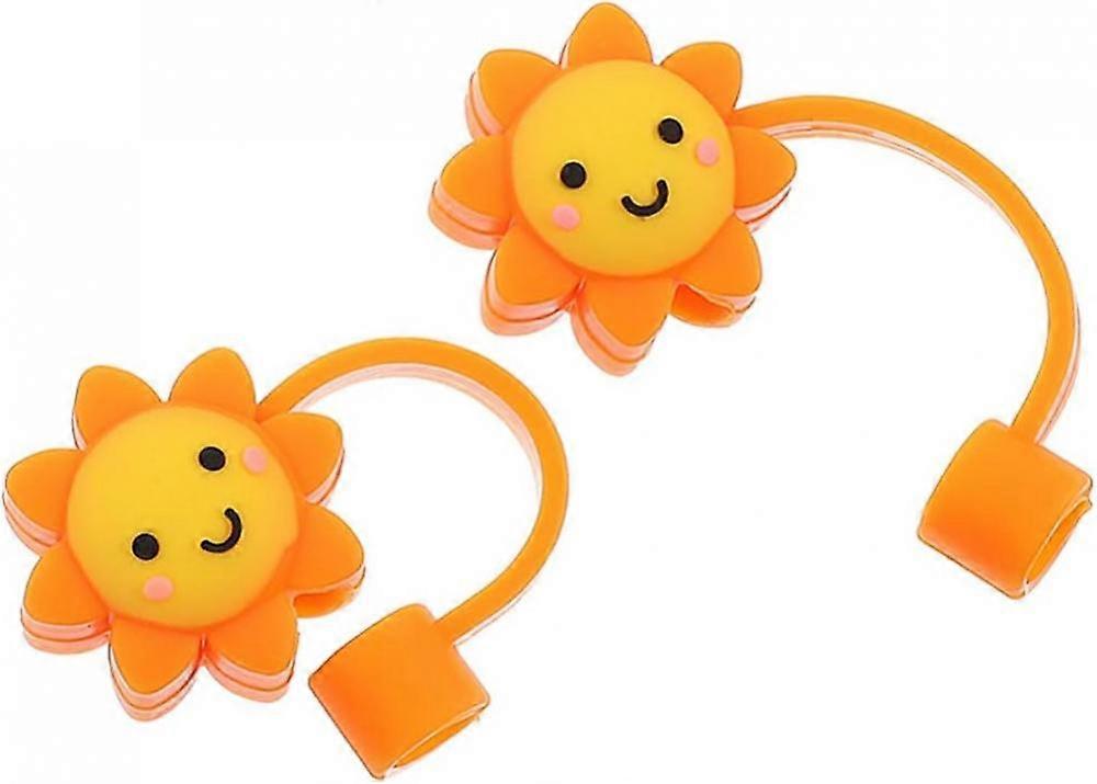2 Pack Cute Sun Flower Silicone Reusable Drinking Straw Tips Lids Dust