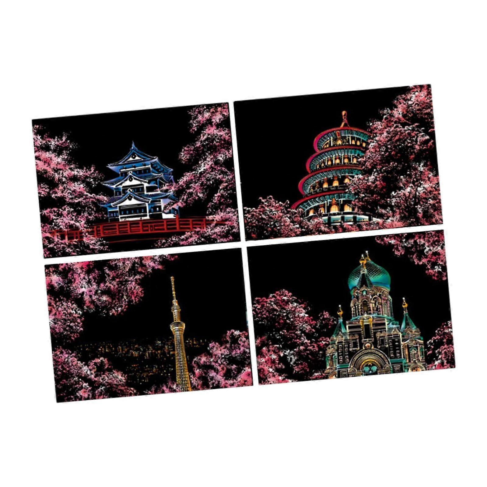 4x Scratch Paper Card Ornament Black Scratch Sheets Drawing Scratch Painting Sakura
