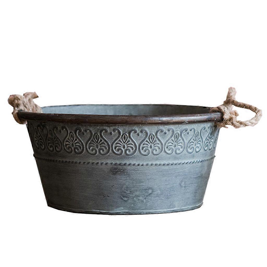 Rustic Burnished Metal and Rope Handles Durability Round Bucket Planter