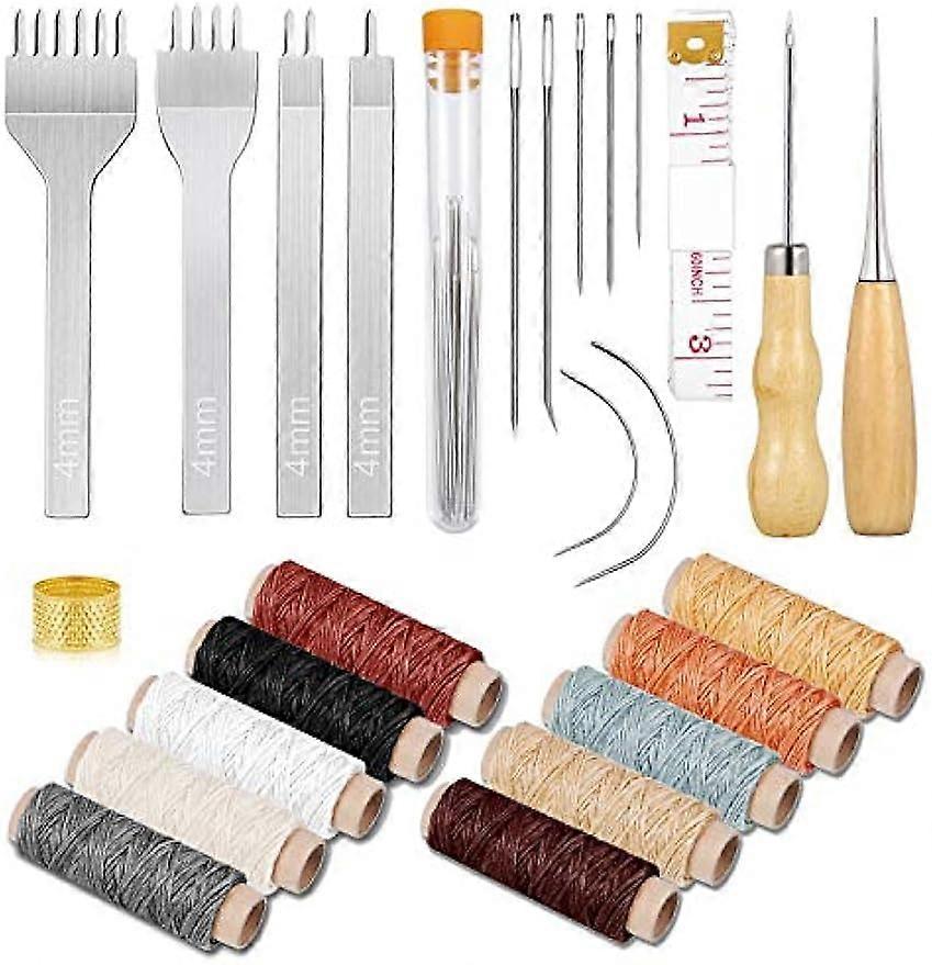 35 Pcs Leather Stitching Pouch Kit with 4mm Prong Sewing Hole Punch, Leather Sewing Tools, Waxed Thread and Large-Eye Stitching Needles for Beginner L