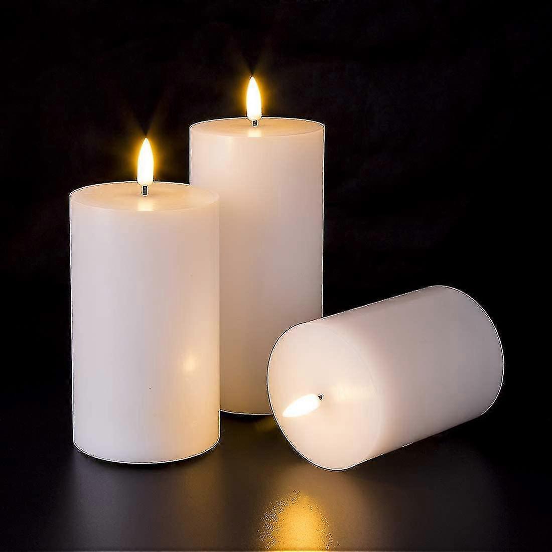 White Flat Top Flameless Candles With Remote, Flickering Real Wax Led Battery Candles D 3" H 4" 5" 6", 3 Pack