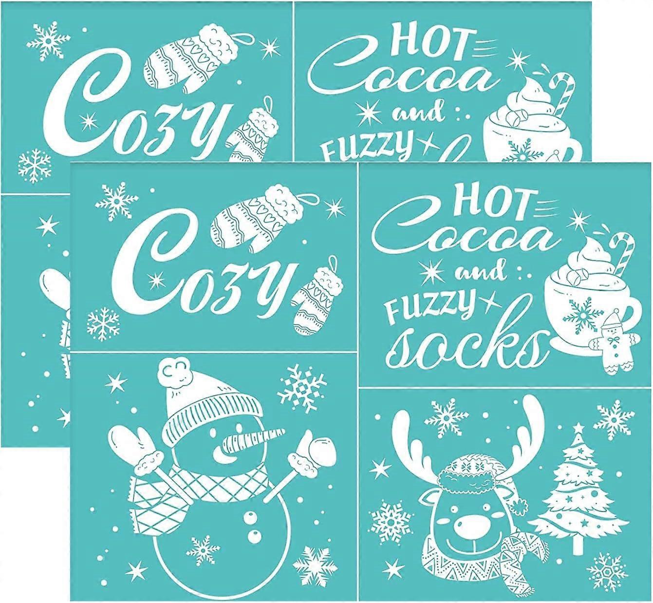 2Pcs 11x8.6 Inch Christmas Self-Adhesive Silk Screen Stencil HOT COCOA Printing Stencil Reusable Snowman Snowflake Mesh Transfer Cosy Stencil for Pain