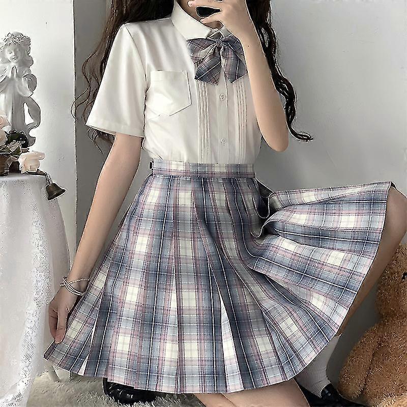 נשים משובצות קפלים חצאית פפיון קשר קיץ מותניים גבוהים Preppy בנות ריקוד מיני חצאית חמודה קו הרג'וקו סקסי יפן