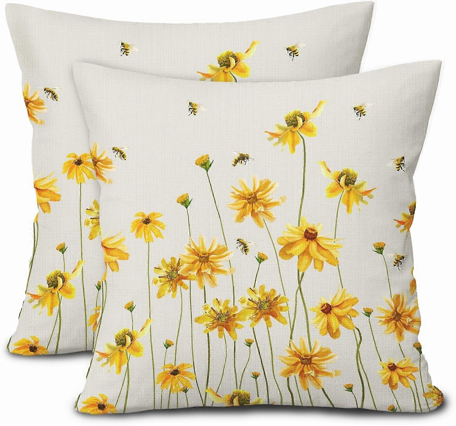 İlkbahar Yaz Çiçekli Yastık Kılıfları 18X18 İnç 2'li Set Coreopsis Papatya Sarı Çiçekler Arı Dekoratif Yastık Kılıfları Çiftlik Evi Mevsimlik Yastık Kılıfı Çiftlik