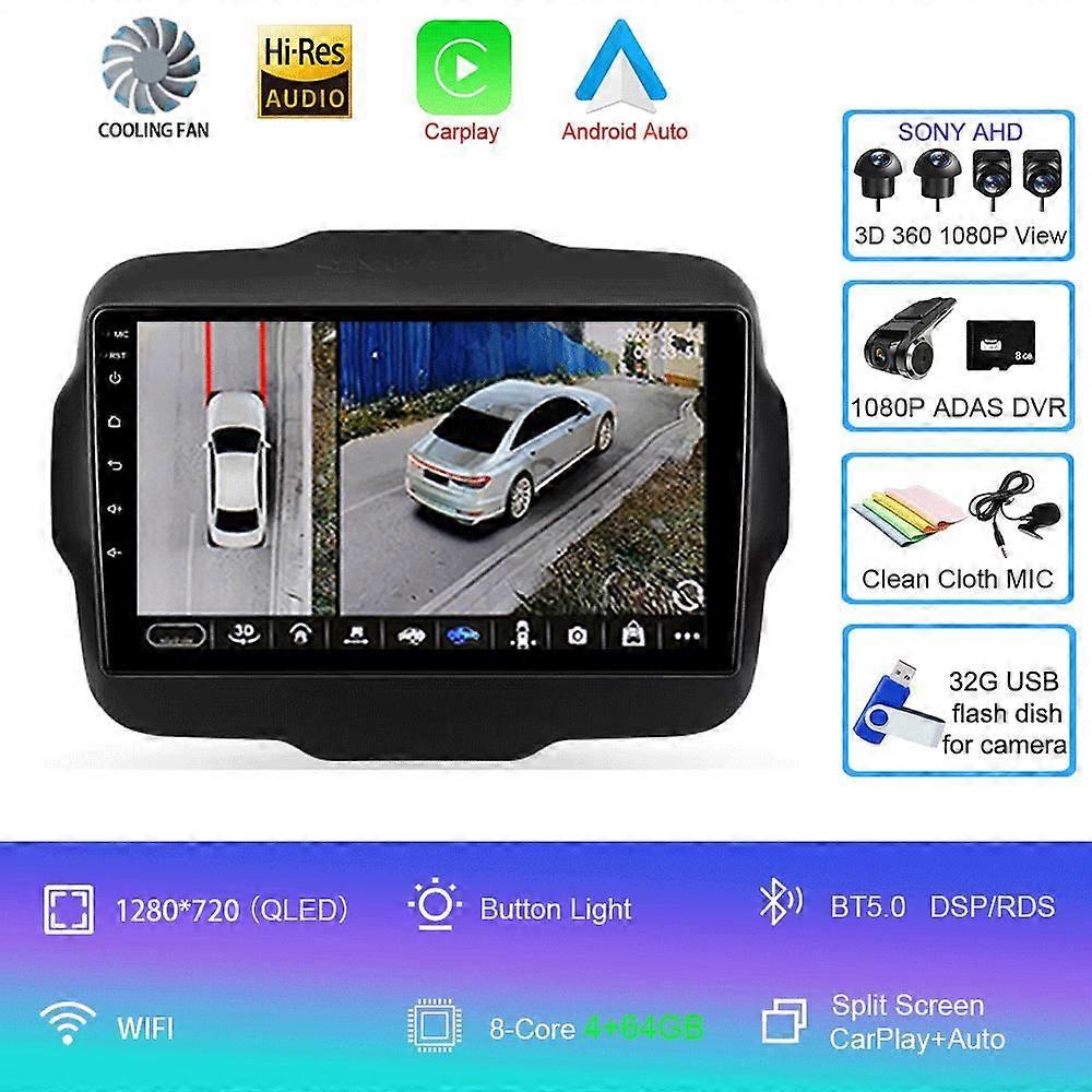 Autoradio Android 14 Lecteur multimédia pour Jeep Renegade 2016-2020 Carplay Android Auto Stereo 4g Wifi 360 Caméra Unité Principale Dvd