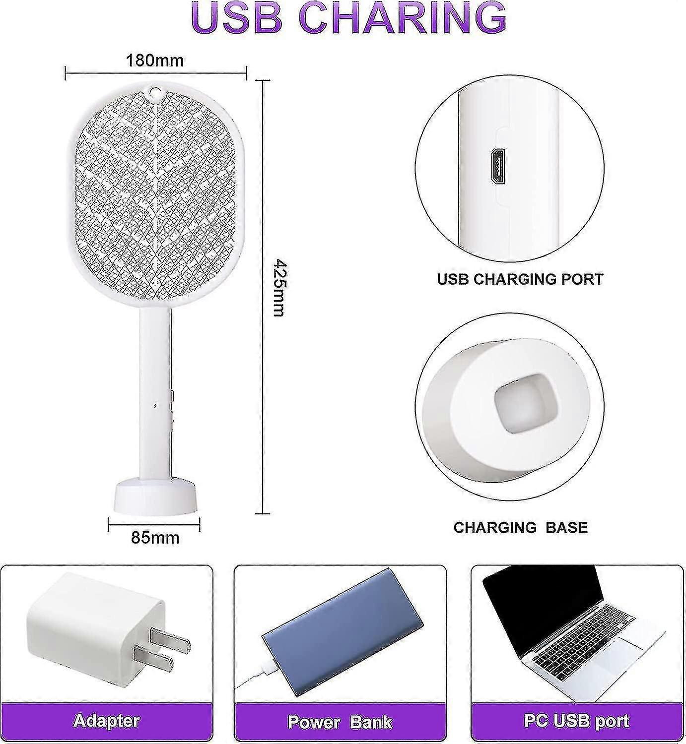 Electric Fly Swatter 2 In 1 Rechargeable Electric Mosquito Swatter 2700v Bug Zapper Racket With Led Light And 3-layer Dense Mesh