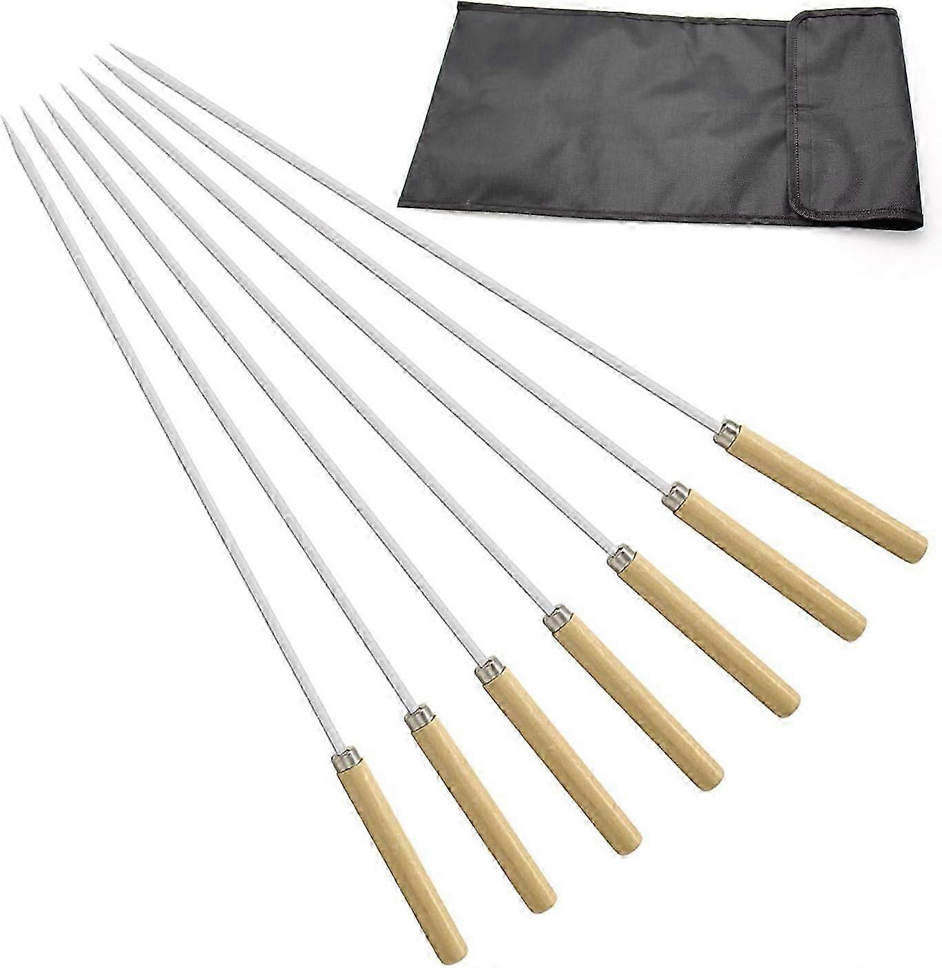 Wooden Handle Barbecue Skewers - Stainless Steel Flat Skewers for Grilling Meat, Shrimp, and Vegetables, Reusable Set