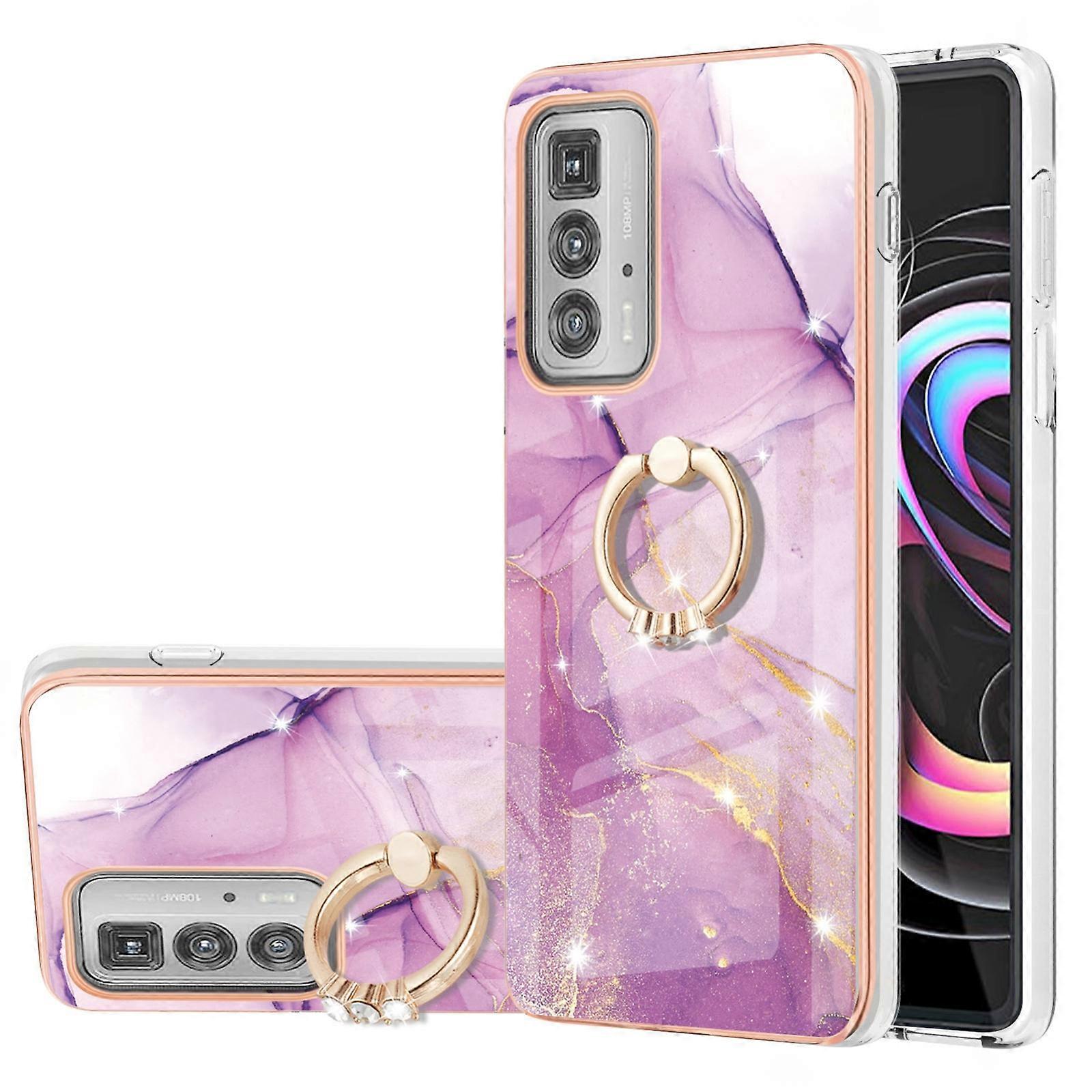 For Motorola Moto Edge 20 Pro Electroplating Marble Pattern IMD TPU Shockproof Case with Ring Holder
